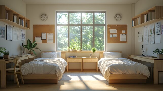 Bright modern college dorm room, twin beds with crisp white linens, wooden desks and chairs, open textbooks, cork bulletin boards, posters on walls, large windows with natural.