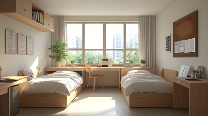 Fototapeta premium Bright modern college dorm room, twin beds with crisp white linens, wooden desks and chairs, open textbooks, cork bulletin boards, posters on walls, large windows with natural.