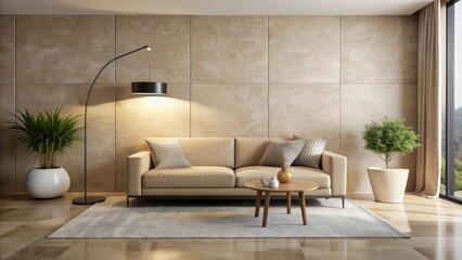 Sleek modern living room features a plush beige sofa, stone floor lamp, and minimalist decor, exuding calmness and sophistication in a serene neutral-toned space.
