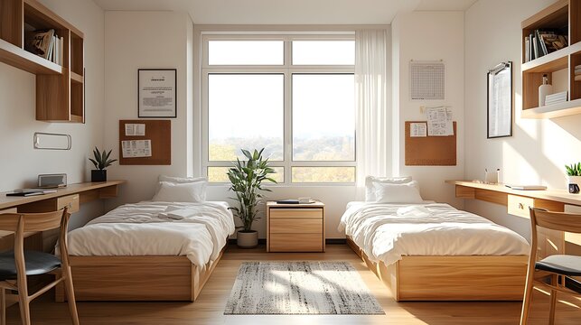 Bright modern college dorm room, twin beds with crisp white linens, wooden desks and chairs, open textbooks, cork bulletin boards, posters on walls, large windows with natural.