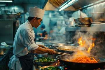 Professional chef using cooking chopsticks to stir fry fresh vegetables over an open flame on a stove in a commercial kitchen