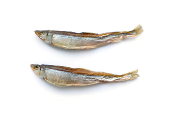 Small dried fish isolated on white background. Top view