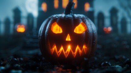 A carved pumpkin glows brightly in a spooky graveyard setting under a moonlit sky