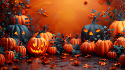 Fototapeta premium Halloween background with spooky pumpkin jack-o-lanterns on orange background. Realistic clipart template pattern. October 31 year Cultural festival for Europeans. Copy Space for text Abstract Texture