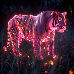 A pink gold glow tiger silhouette in a nightscape, bold outline, energy-charged luminous pointillism, wireframe, tenebrism mastery style, UHD 8k, Unreal Engine 5 on black background