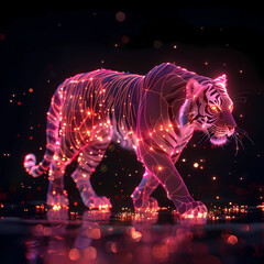 A pink gold glow tiger silhouette in a nightscape, bold outline, energy-charged luminous pointillism, wireframe, tenebrism mastery style, UHD 8k, Unreal Engine 5 on black background