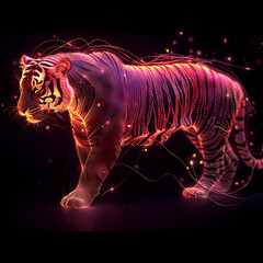 A pink gold glow tiger silhouette in a nightscape, bold outline, energy-charged luminous pointillism, wireframe, tenebrism mastery style, UHD 8k, Unreal Engine 5 on black background