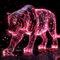 A pink gold glow tiger silhouette in a nightscape, bold outline, energy-charged luminous pointillism, wireframe, tenebrism mastery style, UHD 8k, Unreal Engine 5 on black background