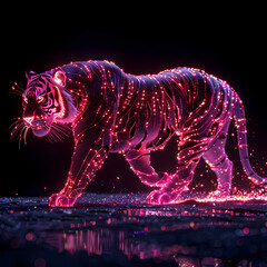 A pink gold glow tiger silhouette in a nightscape, bold outline, energy-charged luminous pointillism, wireframe, tenebrism mastery style, UHD 8k, Unreal Engine 5 on black background