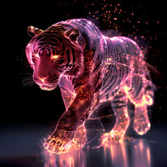 A pink gold glow tiger silhouette in a nightscape, bold outline, energy-charged luminous pointillism, wireframe, tenebrism mastery style, UHD 8k, Unreal Engine 5 on black background