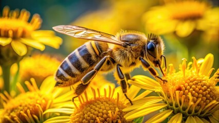 A busy honey bee collects nectar from a vibrant yellow flower, its striped body and delicate wings a blur as it flits from bloom to bloom.