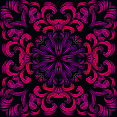 A dynamic, kaleidoscopic digital artwork featuring vibrant, swirling ribbons of pink, purple, and blue on a black background. The abstract pattern has a symmetrical, fluid design with an energetic...