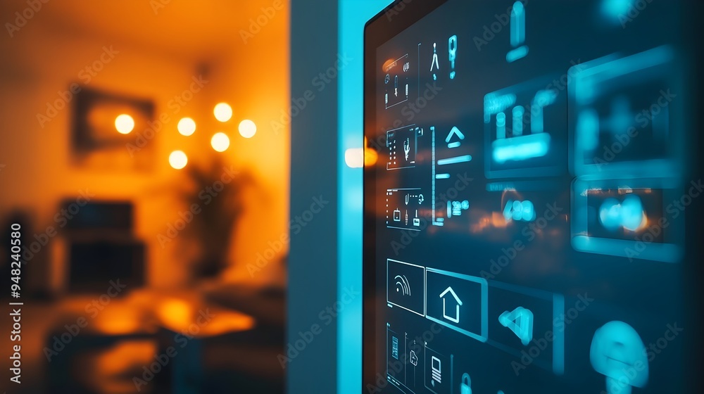 Poster sleek and modern smart home control panel displaying the status and connectivity of various iot devi