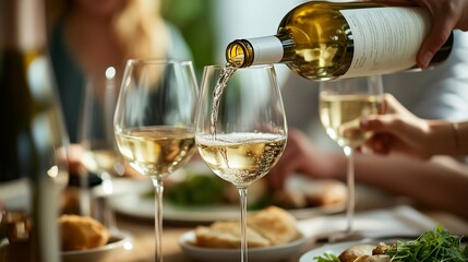 Enjoying a lively dinner gathering with friends while pouring white wine into elegant glasses on a beautifully set table