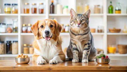 Adorable dog and curious cat sit together on a wooden counter surrounded by various pet care products, vitamins, and supplements in a veterinary clinic setting.