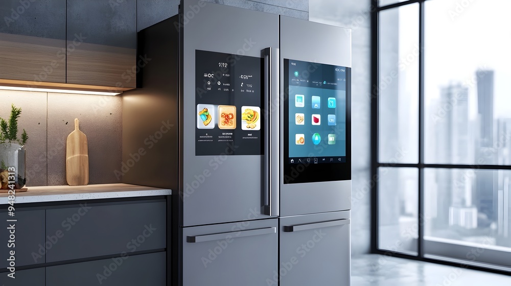 Poster advanced iot powered smart refrigerator with a sleek touchscreen control interface designed for mode