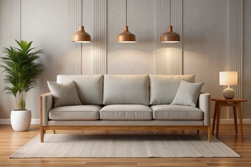 Elegant modern light grey sofa with wooden accents and sleek minimalist design, nestled against a neutral background, exuding comfort and sophistication in a contemporary setting.