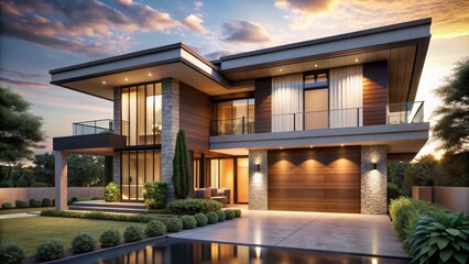 Fototapeta premium Modern house design boasts a bold, sophisticated facade with a warm color palette, exquisite attention to detail, and sleek lines, perfect for luxury living.