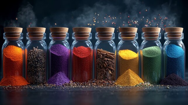 Vibrant collection of spice jars showcasing colorful powders, ideal for culinary, art, or wellness themes.