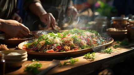 Obraz premium chef cooks Chinese noodle wok at street food festival 