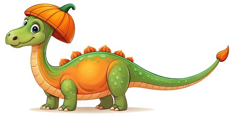 Fototapeta premium Adorable illustrated brontosaurus dinosaur wears a bright orange pumpkin costume with green stem hat, perfect for festive Halloween designs and autumn celebrations.