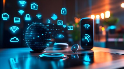 Fototapeta premium A modern smart home assistant managing and commanding a variety of interconnected IoT devices through seamless voice control showcasing the convenience and efficiency of a connected home ecosystem