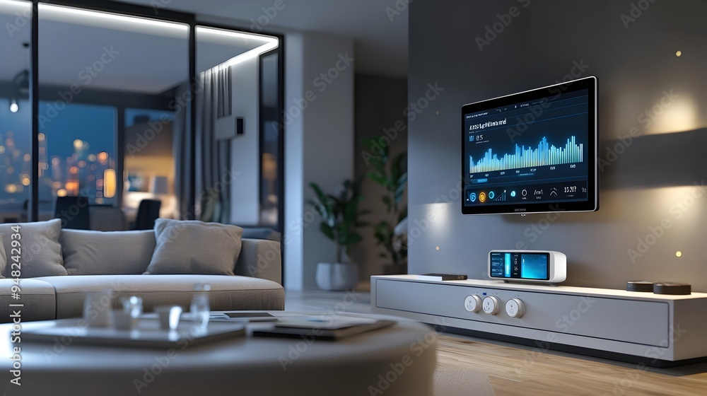 Poster smart home hub with intuitive interface displaying real time energy usage statistics and analytics f