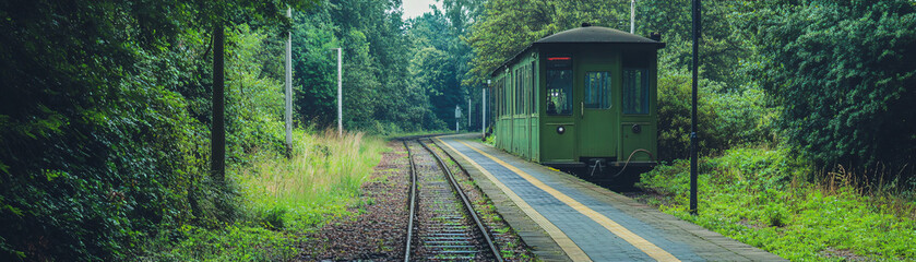 Fototapeta premium A green train is parked on a train track in a forest. The train is surrounded by trees and the train tracks are covered in dirt. Scene is peaceful and serene, as the train is in a natural setting