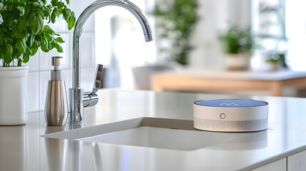 A photograph showcasing IoT enabled water leak detectors installed beneath a kitchen sink designed to provide real time monitoring and alerts for potential leaks or water issues in the home