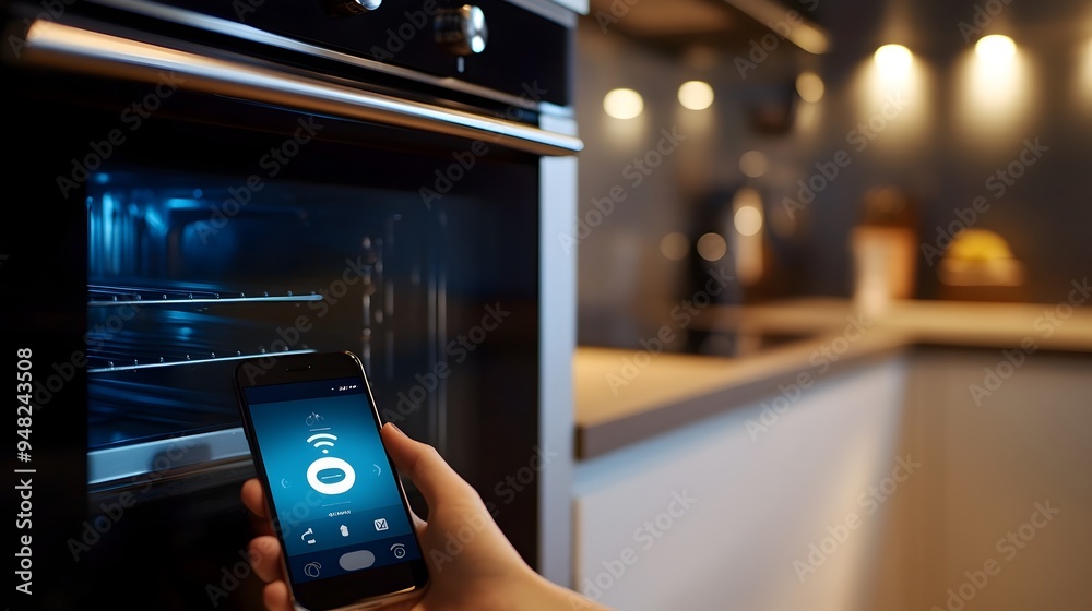 Poster photograph of an iot connected smart oven being controlled through a smartphone app with copy space 