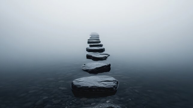 A series of wet, dark stepping stones stretches into the dense fog over calm water, creating an ethereal and mysterious atmosphere.