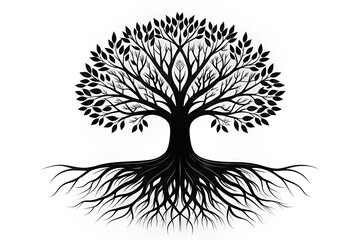 Stylish black tree silhouette vector illustration with intricate roots isolated on a clean white background, perfect for design projects requiring a nature-inspired iconic symbol.