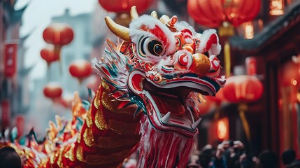 Fototapeta premium Chinese Dragon Dance Performance with Red Lanterns