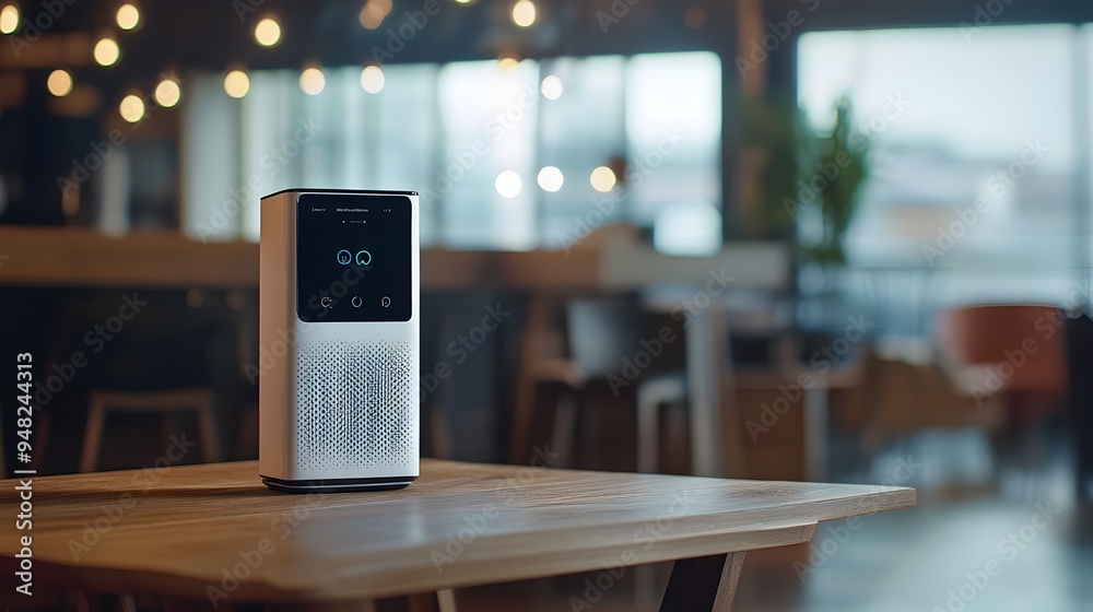Poster sleek and efficient smart air purifier with iot mobile app control and ample copyspace for your text