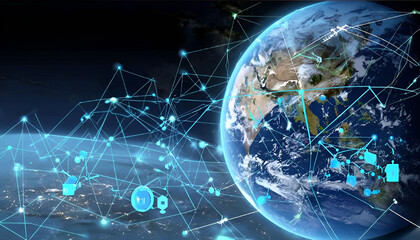 Earth globe is enveloped by a network of interconnected lines, symbolizing global connectivity and communication.