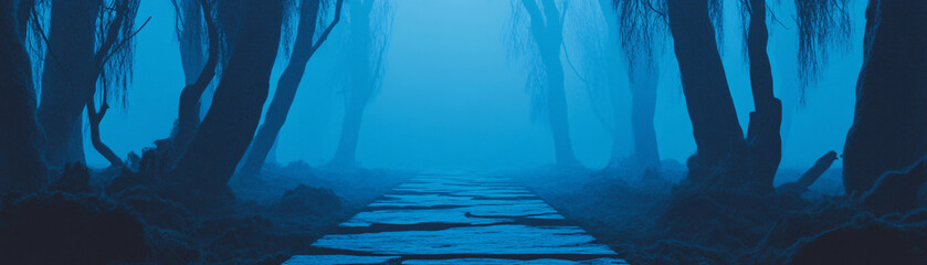 Obraz premium A path through a forest with trees and a foggy sky. Scene is mysterious and eerie