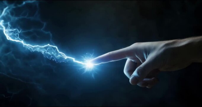Finger touching lightning bolt on dark background.