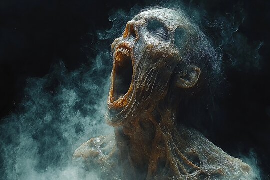 Scary portrait of a screaming ghoul perfect for Halloween-themed projects, adding a haunting touch with emotional depth and intensity, with copy space.