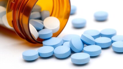 Product Photography Showcase: Blue and White Pills Tumbling Out of an Orange Pill Bottle on a White Background
