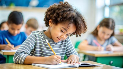 A young learner engaged in a classroom activity, writing carefully in a notebook, demonstrating focus and participation.