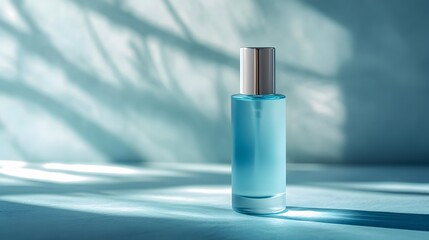 Frosted glass cosmetic bottle with silver cap, soft light blue color palette, minimalist product photography, gradient background, subtle reflections, clean and elegant design.
