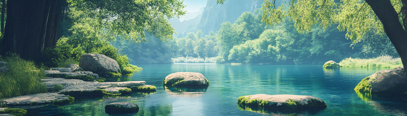 A serene lake surrounded by trees and rocks. The water is calm and clear, reflecting the trees and sky above. The scene is peaceful and relaxing, inviting one to sit and enjoy the beauty of nature