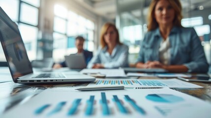 Fototapeta premium Group of professionals in a business meeting, with charts and documents on the table, highlighting analysis and discussion.