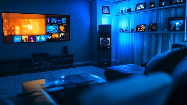 A modern sophisticated smart home theater setup with an IoT powered control system and intuitive digital interface for seamless entertainment management and whole home automation