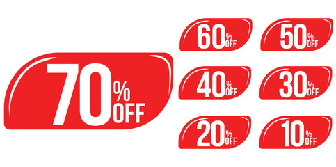 Discount sticker tags. Discount price tag set. Red shape promote buy now with sell off up to 20, 30, 40, 50, 60 and 70 percentage vector illustration isolated on a white background.