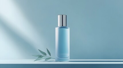 Frosted glass cosmetic bottle with silver cap, soft light blue color palette, minimalist product photography, gradient background, subtle reflections, clean and elegant design.