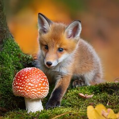 Naklejka premium Fuchsbaby bewundert einen Fliegenpilz im Herbst 