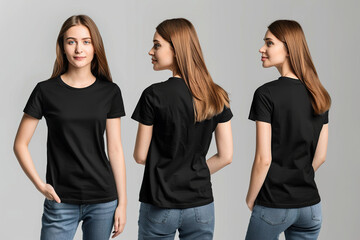 Obraz premium A woman is wearing a black shirt and blue jeans.