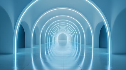 Obraz premium Futuristic white corridor with arched doorways, soft light blue neon lighting, infinite perspective, reflective floor, minimalist sci-fi interior, symmetrical composition, clean lines.