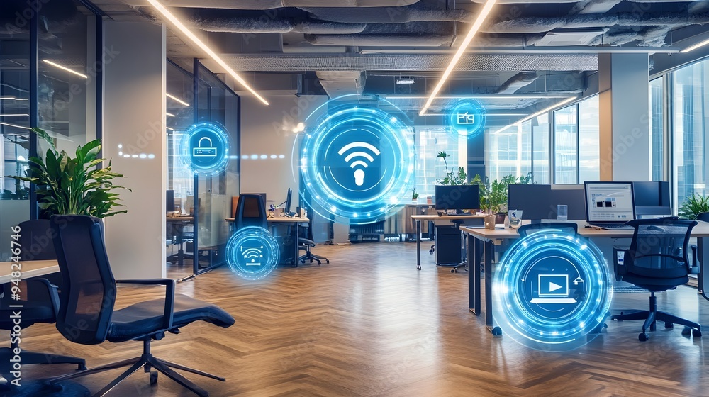 Poster a photograph showcasing a modern and technologically advanced office space featuring iot sensors tha